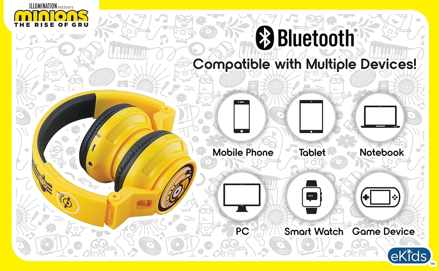 Minions Kids Bluetooth Headphones, Wireless Headphones with Microphone Includes Aux Cord, Volume Reduced Kids Foldable Headphones for School, Home, or Travel