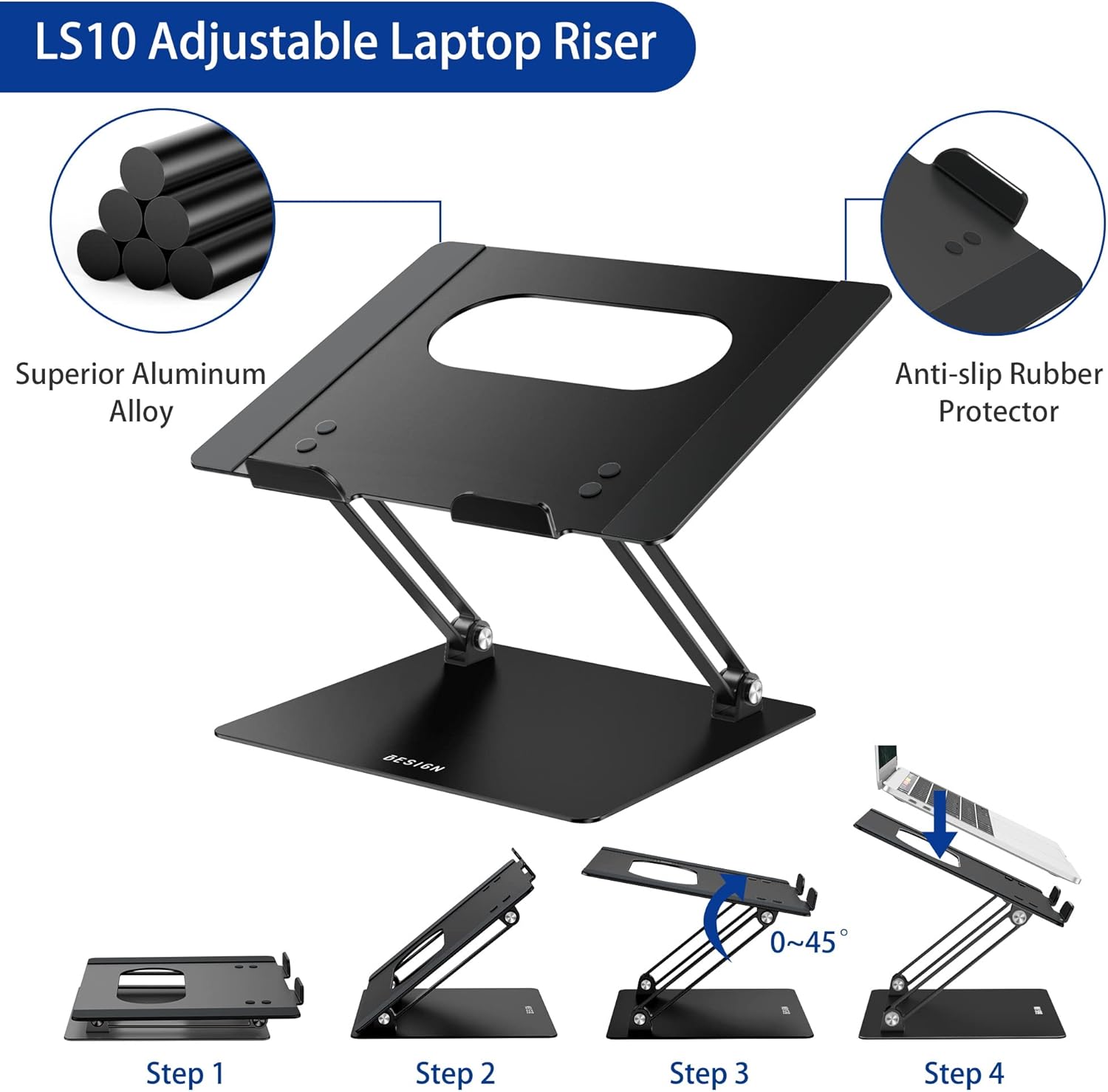 LS10 Aluminum Laptop Stand, Ergonomic Adjustable Notebook Stand, Computer Holder Compatible with Air, Pro, Dell, HP, Lenovo More 10-14" Laptops, Black