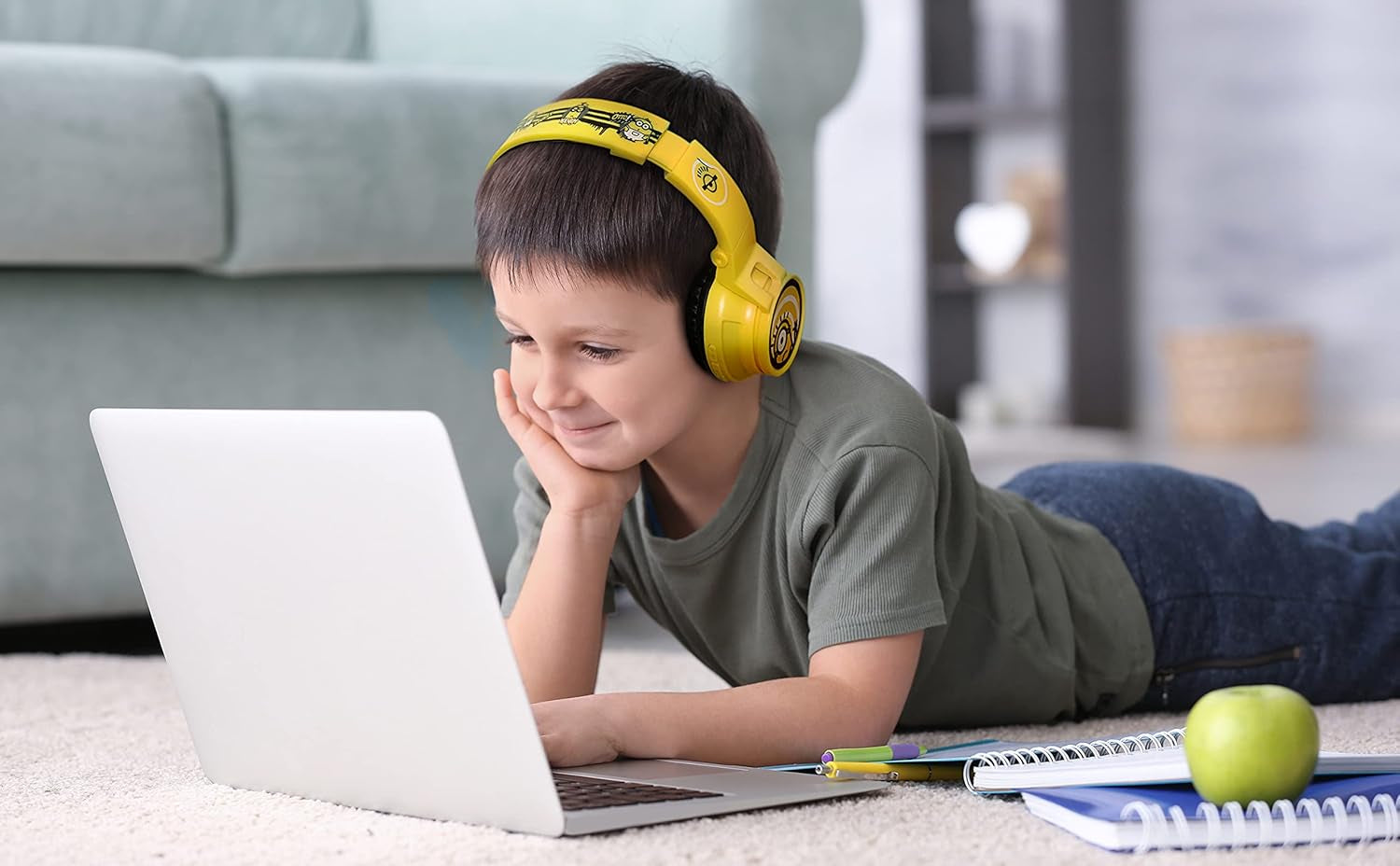 Minions Kids Bluetooth Headphones, Wireless Headphones with Microphone Includes Aux Cord, Volume Reduced Kids Foldable Headphones for School, Home, or Travel