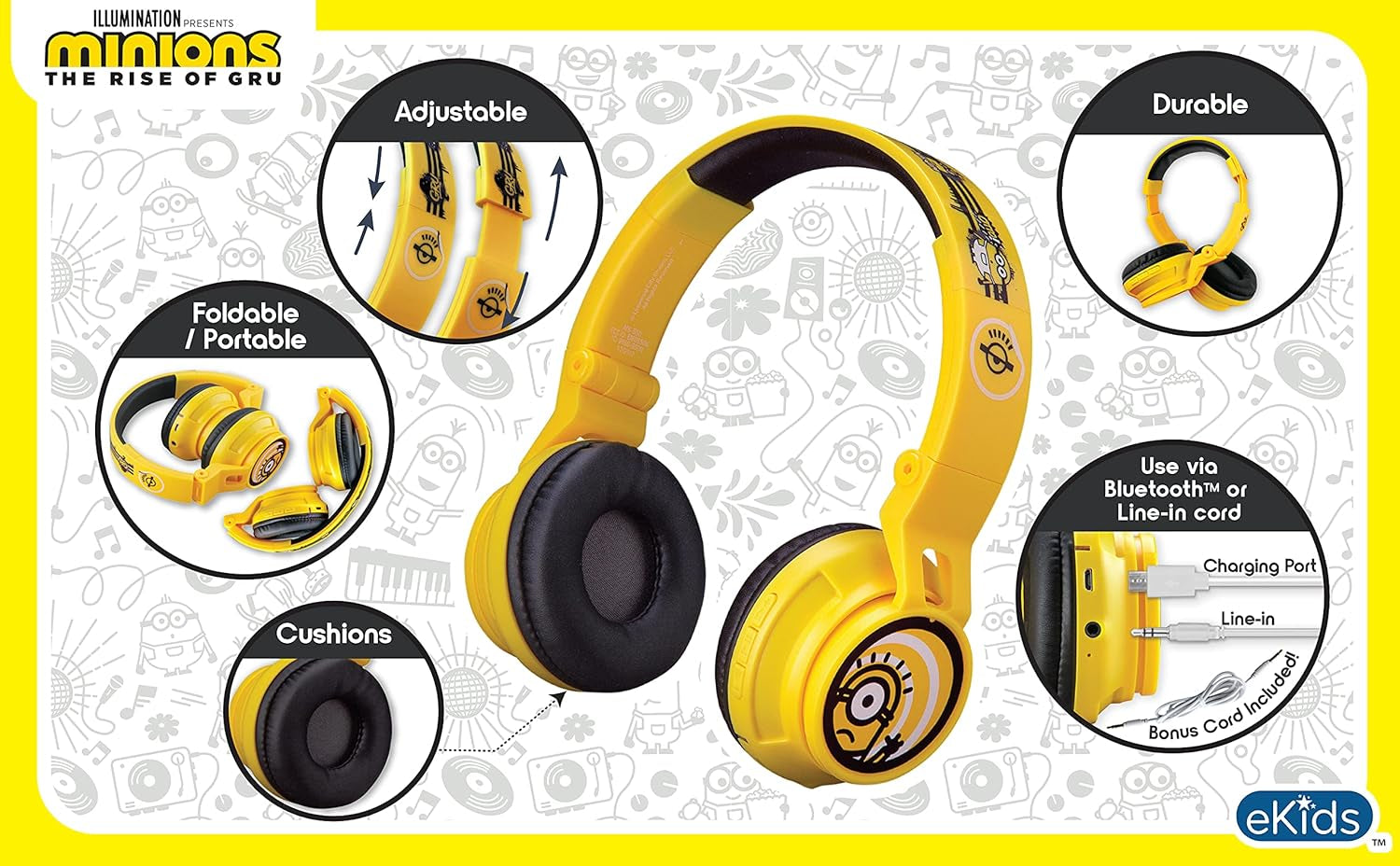 Minions Kids Bluetooth Headphones, Wireless Headphones with Microphone Includes Aux Cord, Volume Reduced Kids Foldable Headphones for School, Home, or Travel