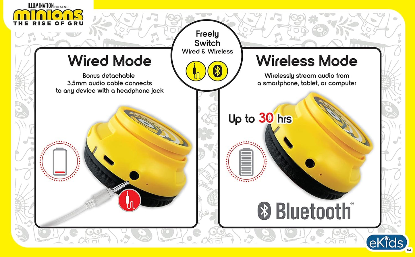 Minions Kids Bluetooth Headphones, Wireless Headphones with Microphone Includes Aux Cord, Volume Reduced Kids Foldable Headphones for School, Home, or Travel