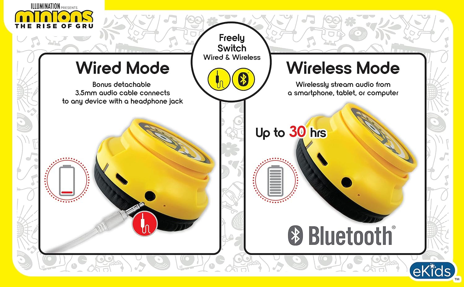 Minions Kids Bluetooth Headphones, Wireless Headphones with Microphone Includes Aux Cord, Volume Reduced Kids Foldable Headphones for School, Home, or Travel