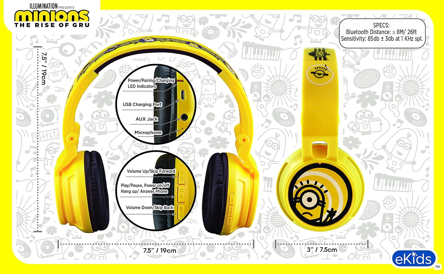 Minions Kids Bluetooth Headphones, Wireless Headphones with Microphone Includes Aux Cord, Volume Reduced Kids Foldable Headphones for School, Home, or Travel